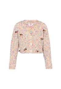 Chunky gestrickte, kurze Strickjacke in pastellfarben mit langen Ärmeln, drei weißen Knöpfen und kleinen bunten Pom-Pom-Akzenten.
