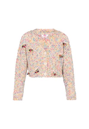 Chunky gestrickte, kurze Strickjacke in pastellfarben mit langen Ärmeln, drei weißen Knöpfen und kleinen bunten Pom-Pom-Akzenten.