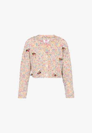 Chunky strikket cropped cardigan i pastelfarver med lange ærmer, tre hvide knapper og små farverige pomponer som detaljer.