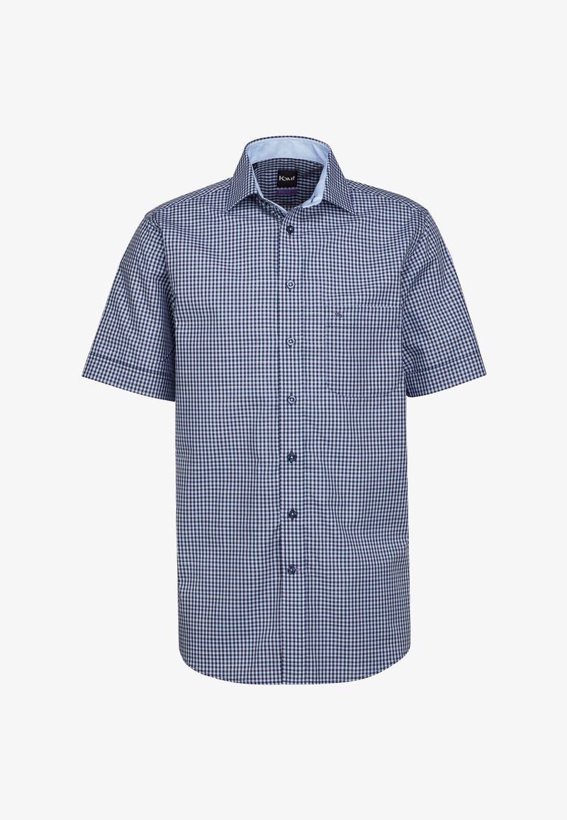 Camicia a maniche corte a quadri blu e bianchi, in cotone, con frontale button-down, taschino singolo sul petto, design del colletto classico.