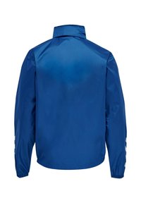 Veste légère bleue à manches longues et col montant, vue de dos sur fond blanc.