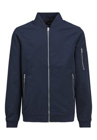 Navy bomber jacket made of woven fabric, featuring a front zip closure, side pockets, and ribbed cuffs and collar.