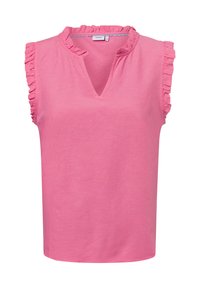 Roze mouwloze top met geplooide schouders, zachte stof, V-hals en een ontspannen pasvorm, geschikt voor casual gebruik.