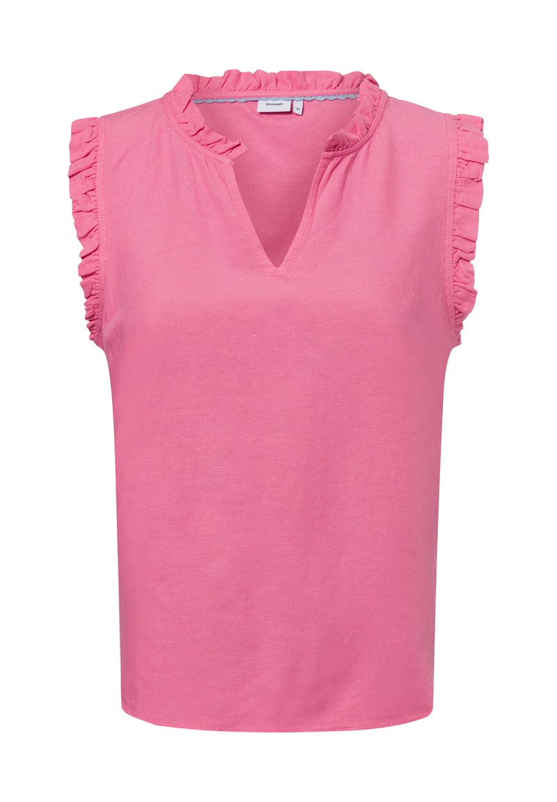 Roze mouwloze top met geplooide schouders, zachte stof, V-hals en een ontspannen pasvorm, geschikt voor casual gebruik.