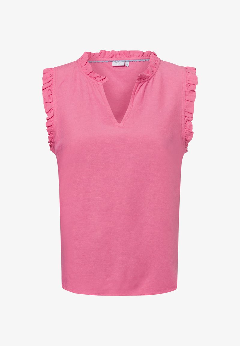 Roze mouwloze top met geplooide schouders, zachte stof, V-hals en een ontspannen pasvorm, geschikt voor casual gebruik.