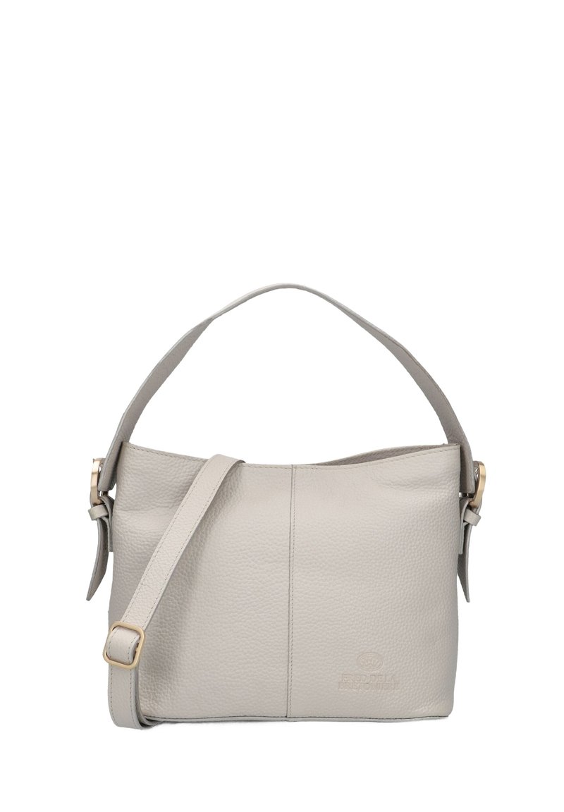 Grijze leren handtas met een gestructureerde afwerking, korte handgreep aan de bovenkant en een verstelbare schouderriem. Voorzien van gouden hardware en een minimalistisch ontwerp.