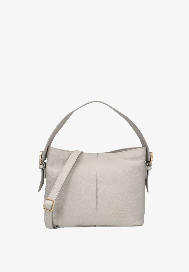 Grijze leren handtas met een gestructureerde afwerking, korte handgreep aan de bovenkant en een verstelbare schouderriem. Voorzien van gouden hardware en een minimalistisch ontwerp.