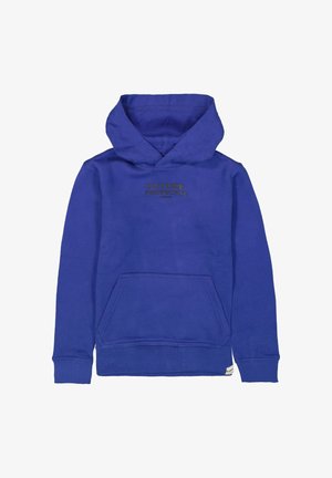 Sudadera azul con un bolsillo frontal, capucha con cordones, y el texto "PERSPECTIVA DEL FUTURO" en negro. Material de algodón con una textura suave.