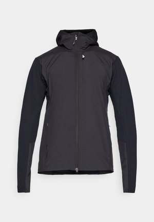 Black lightweight jacket with a hood, zippered front, and textured sleeves. Fabric features a smooth finish and contrasting arm materials.