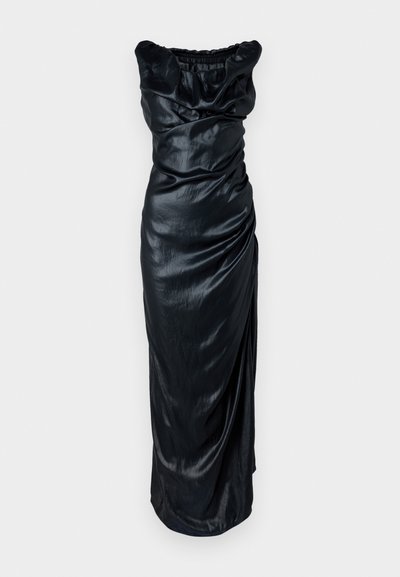 Black, sleeveless dress made of glossy fabric. Features draped detailing and a fitted silhouette, with a gathered neckline and side slit.