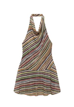 Ärmelloses Neckholder-Kleid mit mehrfarbigen diagonalen und horizontalen Streifen in Gelb-, Grün-, Rot-, Braun- und Weißtönen auf transparentem Stoff.