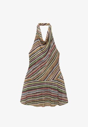 Robe sans manches à col licou avec des rayures diagonales et horizontales multicolores dans des tons de jaune, vert, rouge, marron et blanc sur un tissu transparent.