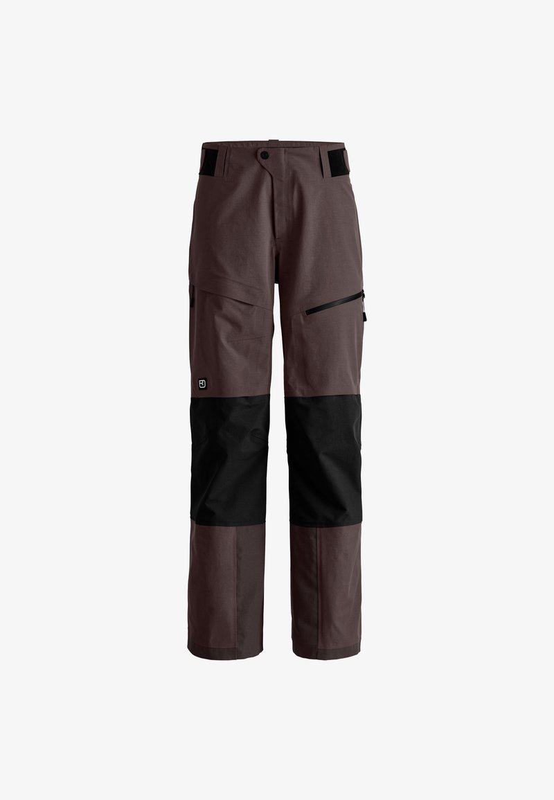 Water-resistant pants in dark brown and black, featuring zippered side pockets and reinforced accents, with a relaxed fit and adjustable waistband.