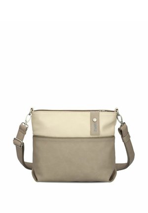 Twee-kleurige beige en taupe schoudertas met verstelbare riem en zilverkleurige metalen sluitingen, een gladde textuur en een klein merklabel rechtsboven.