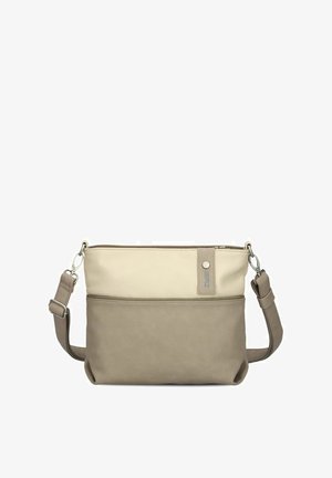 Borsa a tracolla bicolore beige e taupe con tracolla regolabile e fermagli in metallo argentato, texture liscia e un piccolo etichetta del marchio in alto a destra.