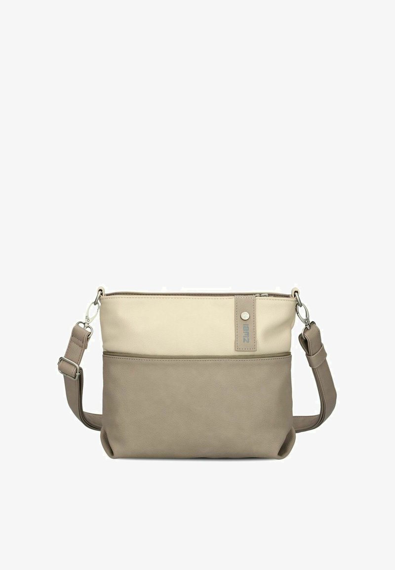 Borsa a tracolla bicolore beige e taupe con tracolla regolabile e fermagli in metallo argentato, texture liscia e un piccolo etichetta del marchio in alto a destra.