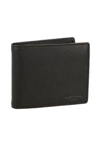 Portefeuille en cuir noir avec une finition texturée, design pliable en deux, et logo en relief. Présente des coutures nettes et une forme compacte.