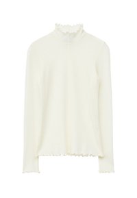 Langärmliges Oberteil aus cremefarbener Strickware. Verfügt über einen hohen, rüschenbesetzten Kragen und einen gewellten Saum mit weicher, glatter Textur.
