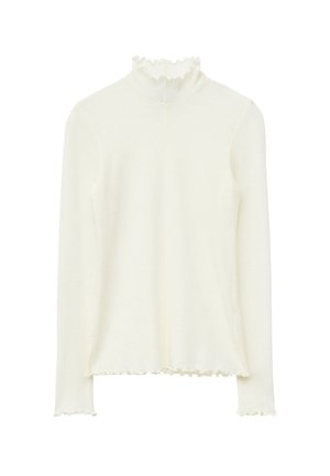 Langärmliges Oberteil aus cremefarbener Strickware. Verfügt über einen hohen, rüschenbesetzten Kragen und einen gewellten Saum mit weicher, glatter Textur.