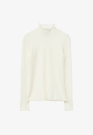 Langärmliges Oberteil aus cremefarbener Strickware. Verfügt über einen hohen, rüschenbesetzten Kragen und einen gewellten Saum mit weicher, glatter Textur.