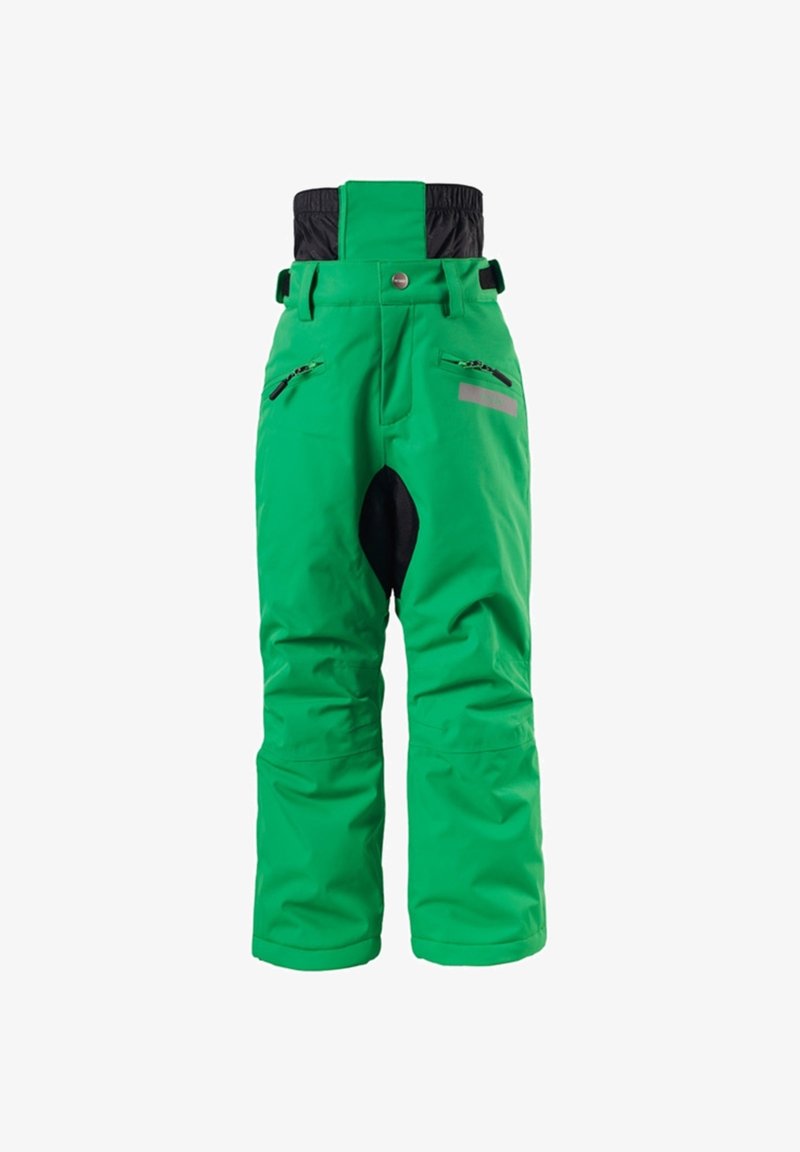 Groene waterdichte skibroek met een zwarte elastische tailleband, zijritsen, versterkte knieën en reflecterende accenten aan de voorkant.