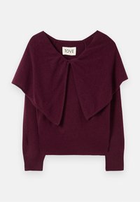 Burgundia kampsun laia drapeeritud kraega, ribaga mansettide ja äärtega. Kaelaosas on kaunistuseks lips. Valmistatud pehmest, tekstureeritud materjalist.