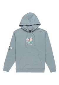 Light blue hoodie made of cotton, featuring a butterfly graphic on the chest and floral accents on the sleeve. Front kangaroo pocket included.