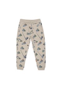 Beige sweats met een gedetailleerde print van constructievoertuigen in groen, blauw en oranje. Elastische tailleband met trekkoord.