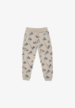 Beige joggerbukser med et all-over print af byggeudstyr i grøn, blå og orange. Elastisk talje med snor.