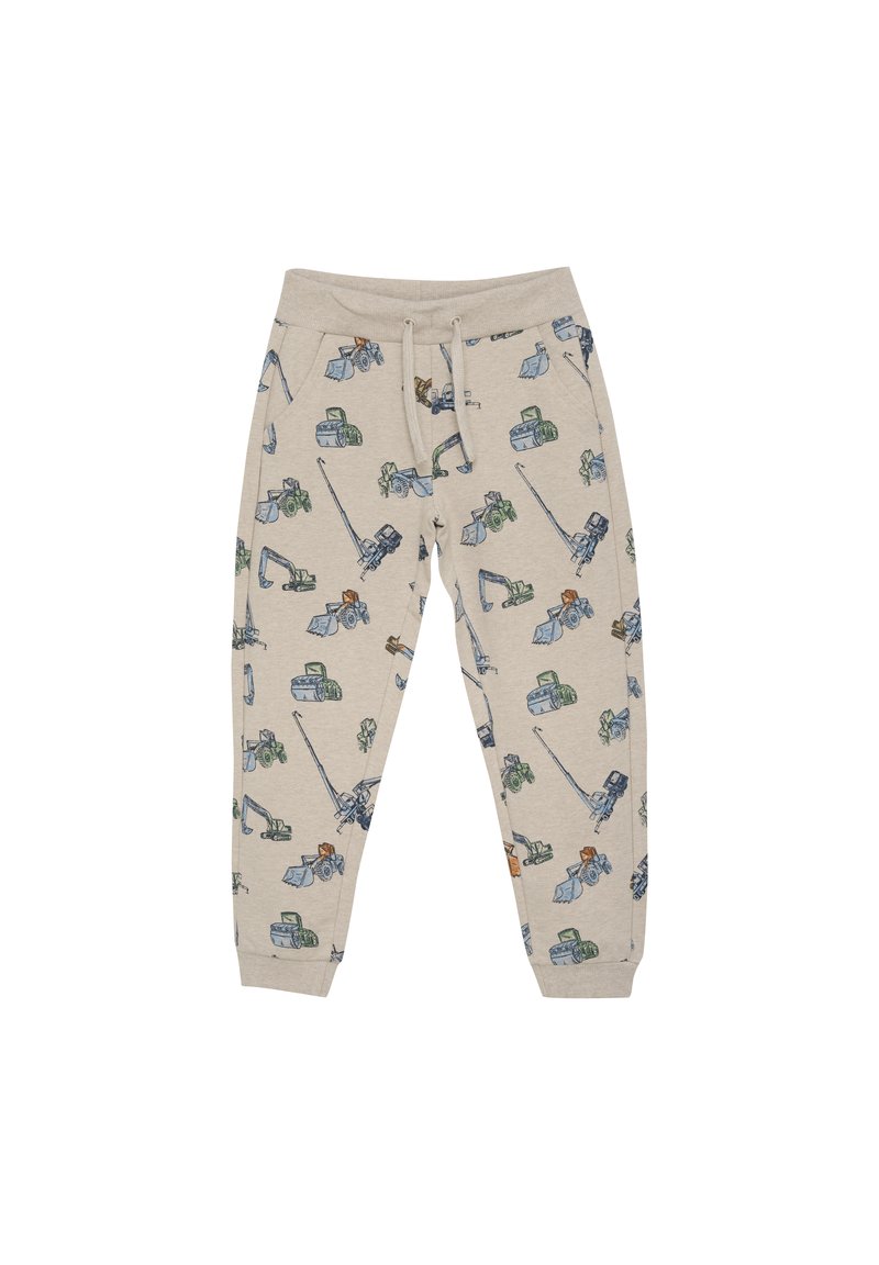 Beige sweats met een gedetailleerde print van constructievoertuigen in groen, blauw en oranje. Elastische tailleband met trekkoord.
