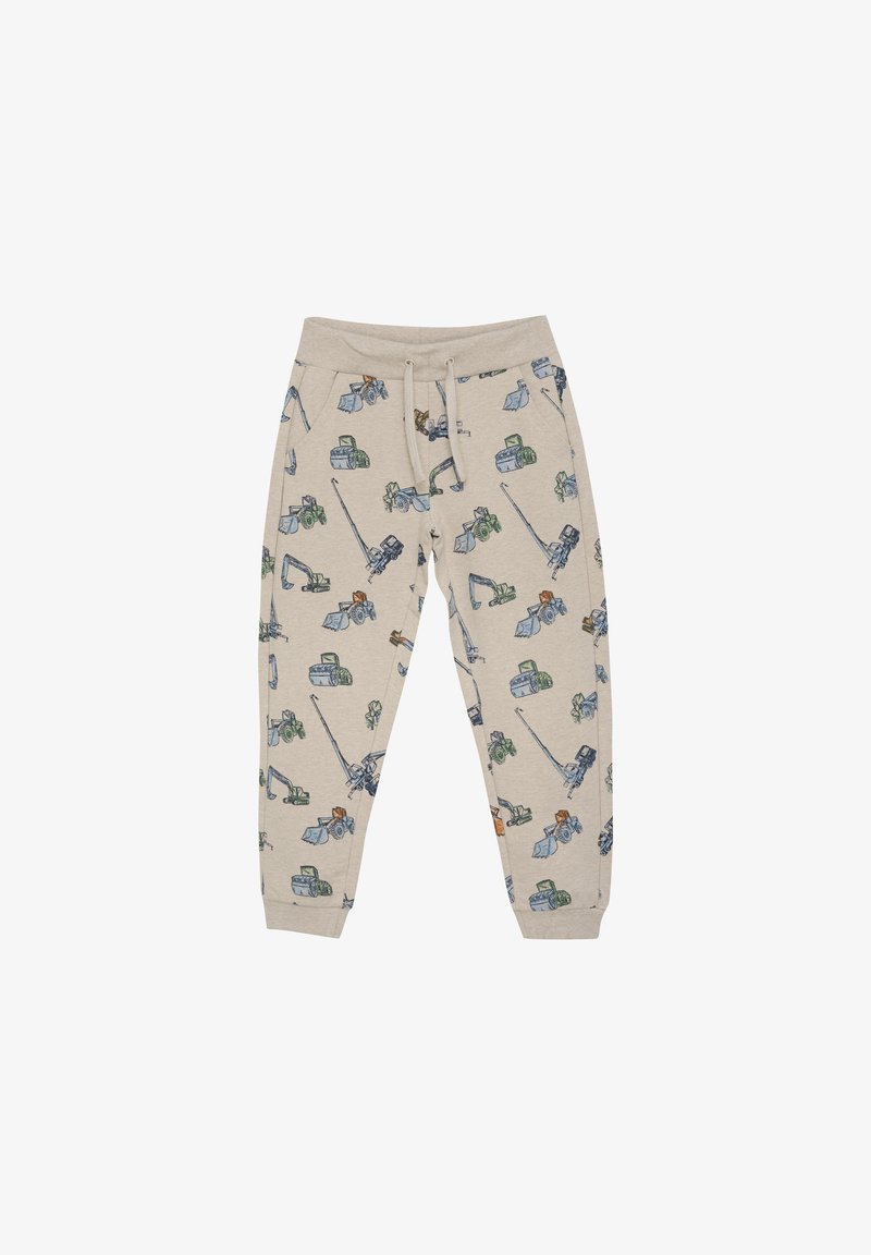 Beige Jogginghose mit einem Allover-Druck von Baustellenfahrzeugen in Grün, Blau und Orange. Elastischer Bund mit Kordelzug.