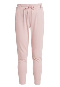 Jasnoróżowe legginsy sportowe wykonane z miękkiego, elastycznego materiału, z elastycznym pasem na sznurku, zwężającymi się nogawkami i bocznymi kieszeniami.