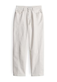 Pantalon en denim blanc avec fermeture à bouton et zip à l'avant, passants pour ceinture et deux poches avant, présenté à plat sur un fond blanc.
