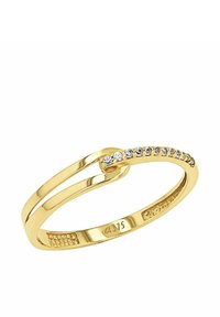 Smal och elegant guldring med en delad shankdesign, som har en rad små diamanter på ena sidan och graverad "4.375" inuti bandet.