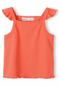 Korallefarbenes, geripptes Tanktop mit gewellten Kanten und Rüschenträgern. Hergestellt aus weichem Stoff, mit einem Etikett mit Branding.