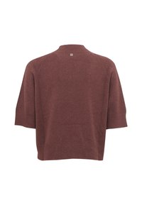 Maglione a maglia bordeaux con maniche corte, orlo e colletto a coste. Presenta una piccola etichetta con logo sul retro. Texture morbida con una vestibilità rilassata.