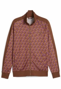 Veste marron zippée avec un devant à motifs géométriques violets et orange, dotée d'un col montant et de poignets côtelés.