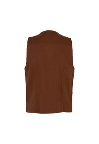 Gilet marrone realizzato in tessuto intrecciato, con scollatura rotonda, senza maniche e cuciture semplici. La parte posteriore è liscia con lievi pannelli laterali.