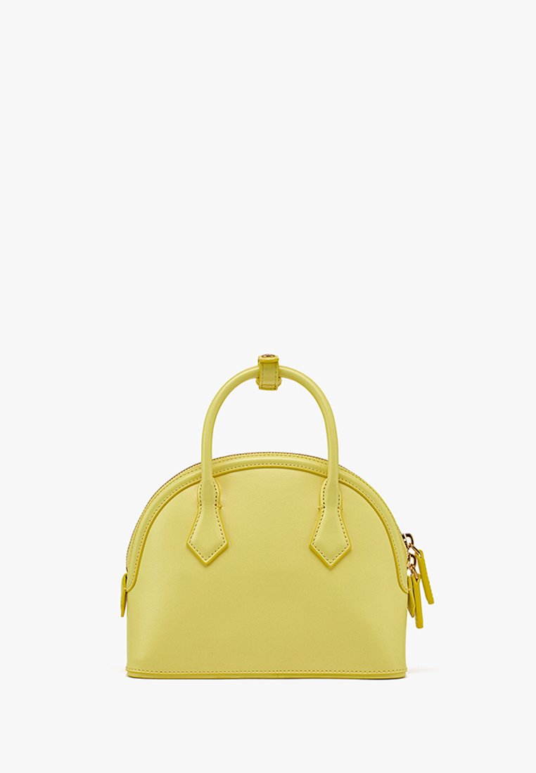Geel lederen handtas met een ronde vorm, dubbele handvatten aan de bovenkant en een ritssluiting. Heeft een gladde textuur en minimalistische ontwerpdetails.