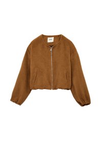 Veste bomber en velours côtelé marron avec fermeture éclair à l'avant, manches élastiques et poches latérales, présentant une finition texturée et une coupe courte.