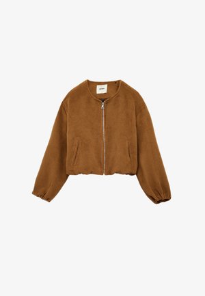 Chaqueta bomber de pana marrón con cierre de cremallera en el frente, puños elásticos y bolsillos laterales, que presenta un acabado texturizado y un diseño corto.