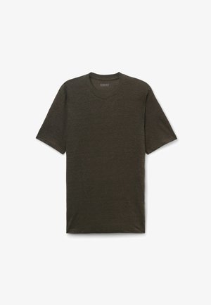 Ciemnobrązowa koszulka z krótkim rękawem i okrągłym dekoltem, o regularnym kroju, przedstawiona na płasko na białym tle.