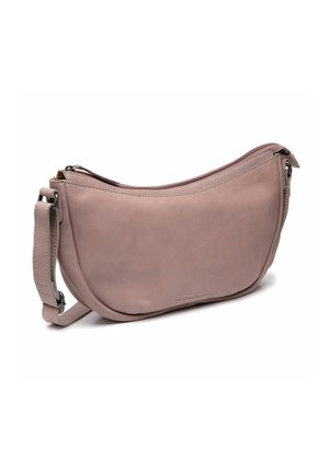 Borsa a spalla in morbido mauve, forma ovale con chiusura a zip, tracolla regolabile e logo in rilievo discreto sul fondo.