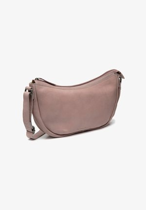 Borsa a spalla in morbido mauve, forma ovale con chiusura a zip, tracolla regolabile e logo in rilievo discreto sul fondo.