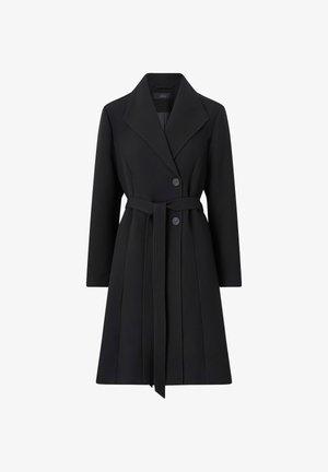 Sort knælængde damejakke med brede revers, to knapper, lange ærmer og et bælte om livet bundet foran.