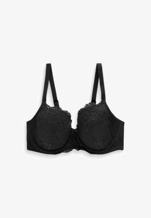 Reggiseno in pizzo nero con coppe imbottite e spalline regolabili. Presenta dettagli in pizzo floreale e un bordo liscio. Tessuto testurizzato sulle coppe.
