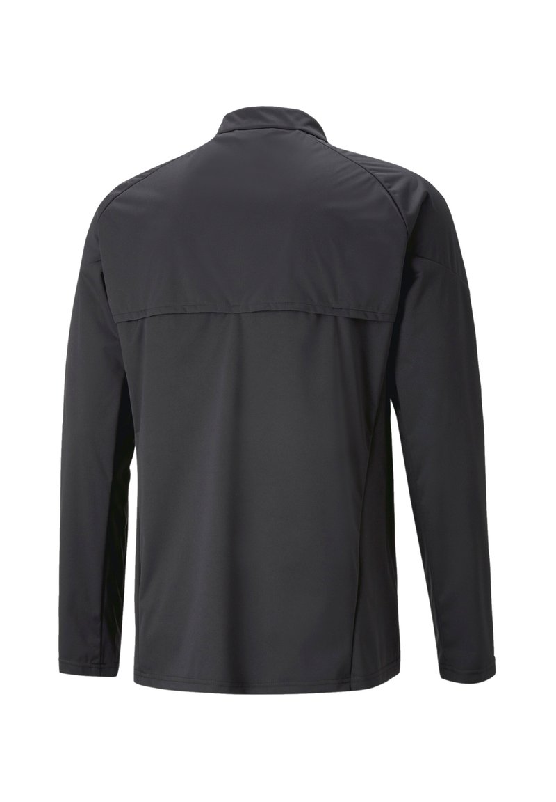 Zwarte longsleeve jas met een hoge kraag, een gladde textuur en een sportief design met een gesplitst rugpaneel voor ventilatie.