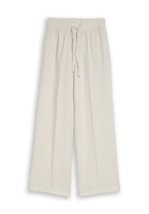 Pantalon beige à jambes larges avec fines rayures verticales, taille élastique et fermeture à cordon à l'avant.