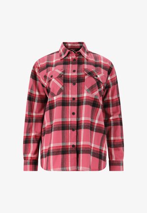 Rood en zwart geruit overhemd, lange mouwen, twee borstzakken, knopen aan de voorkant, gemaakt van een stof met een zachte textuur. Klassiek kraagontwerp.