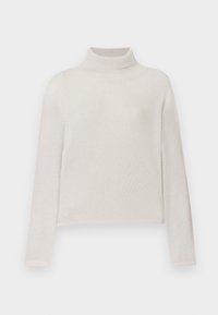 Jasno beżowy sweter do golfu z prążkowanym materiałem, długimi rękawami i dopasowanym krojem. Miękki materiał o subtelnym połysku.